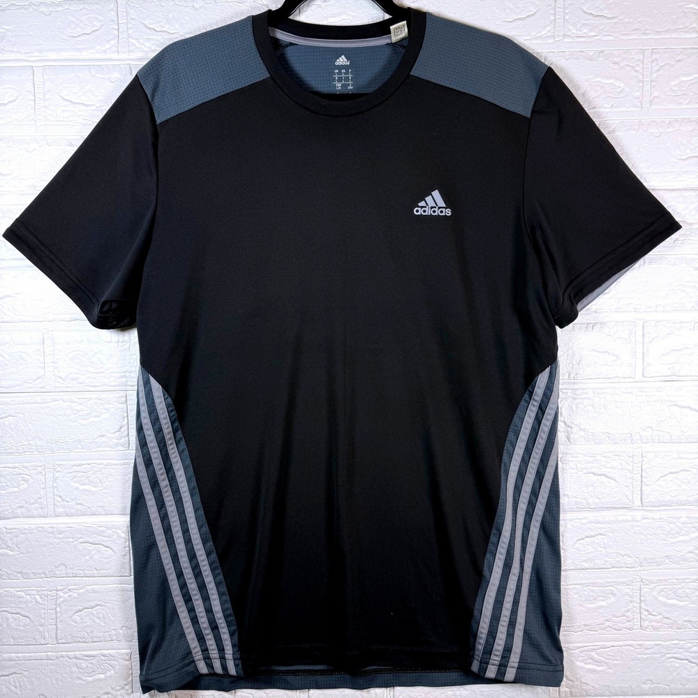 Adidas Performance Shirt Mens Large Black Grey 3-Stripe Short Sleeve Gym Tee